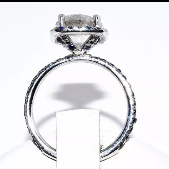 NATURAL ROUND CUT DIAMOND 3.22 TCW & CEYLON SAPPHIRE 14K WHITE GOLD RING - Picture 13 of 16